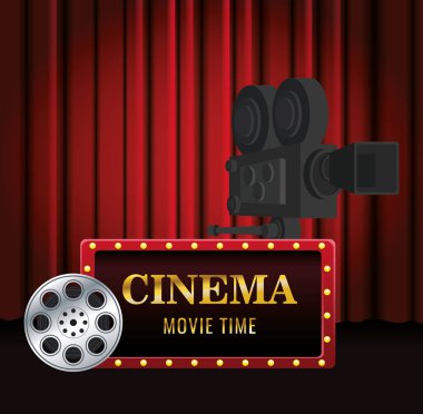 cinema banner with film reel and cinema camera