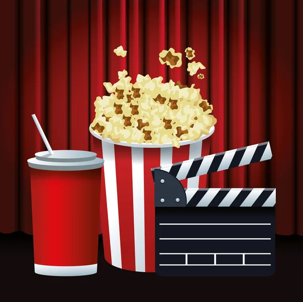 Secchio popcorn con tazza di soda e clapboard — Vettoriale Stock