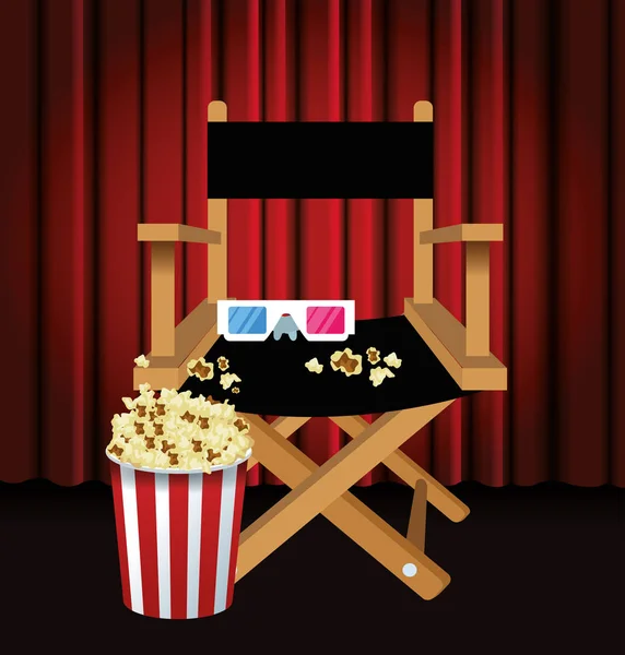 Regisseurs stoel met 3d bril en popcorn emmer — Stockvector
