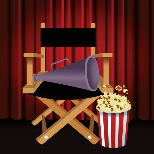 Sedia registi con megafono e secchio popcorn — Vettoriale Stock