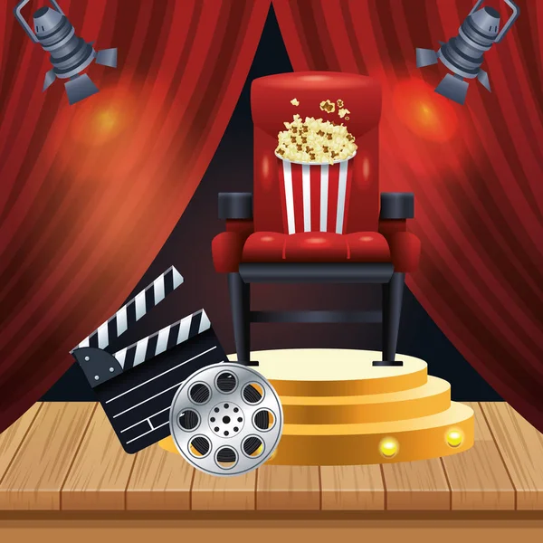 Sedia cinema con secchio popcorn e clapboard — Vettoriale Stock