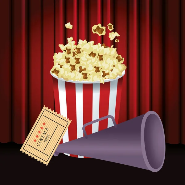 Pop corn bucket with director megaphone and movie ticket, colorful design — Stock vektor