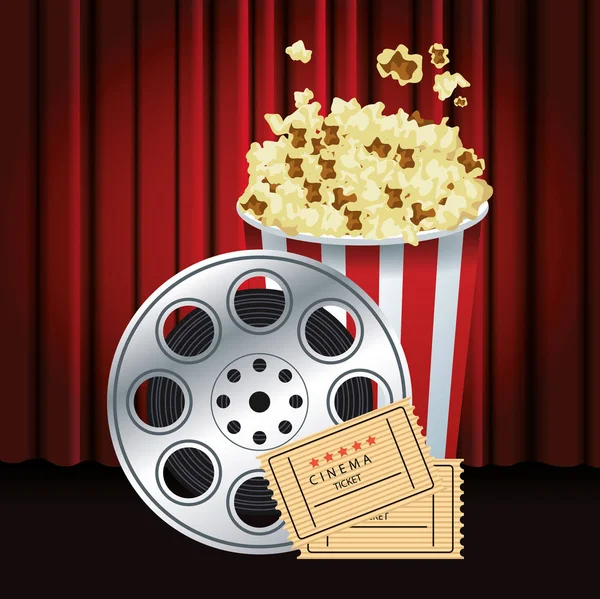 Popcorn emmer met film haspel en film tickets, kleurrijk design — Stockvector