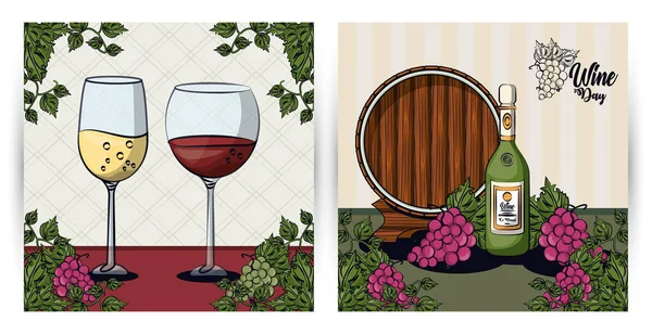 Wine cups and barrel with grapes fruits — Stock vektor