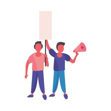 Protesto pankartı ve megafonu olan aktivistler