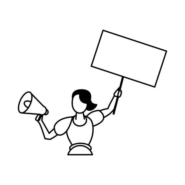 Activista mujer con pancarta de protesta y megáfono — Vector de stock