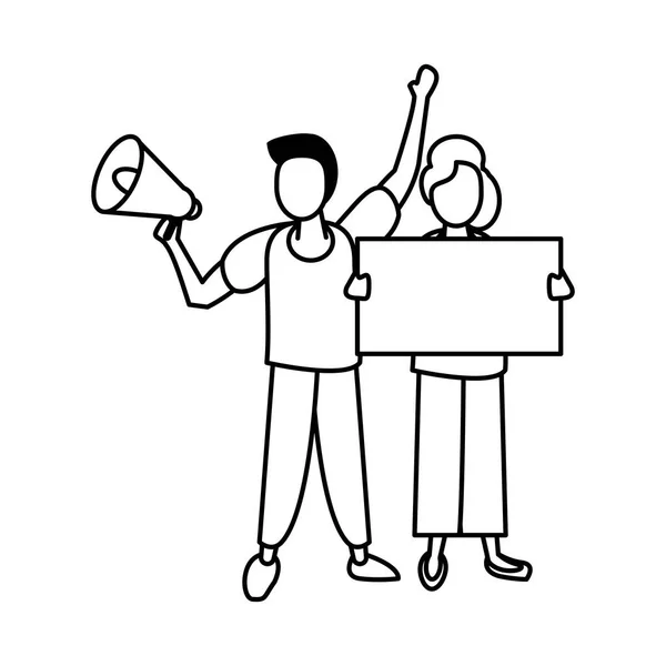 Couple de militants avec bannière de protestation et mégaphone — Image vectorielle