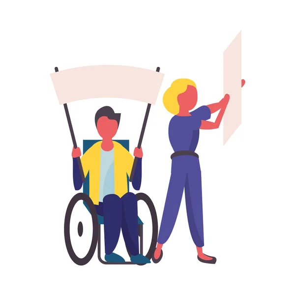 Activist couple in wheelchair with protest banner — Stock Vector