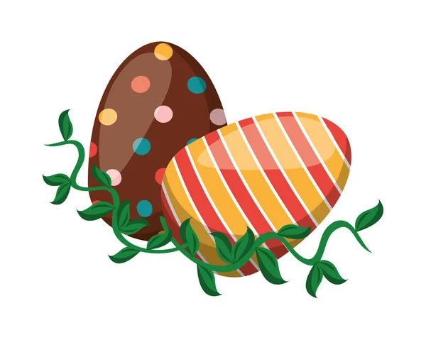 Par de huevos de Pascua pintados con hojas de jardín — Vector de stock