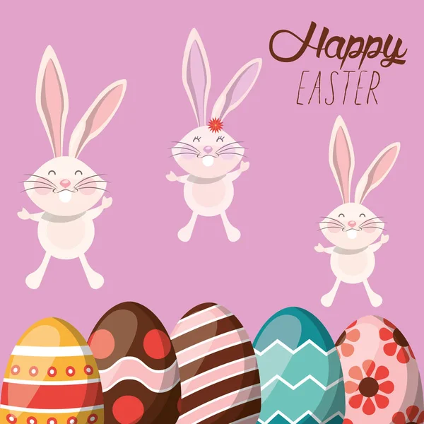 Carta pasquale felice con conigli e uova dipinte — Vettoriale Stock