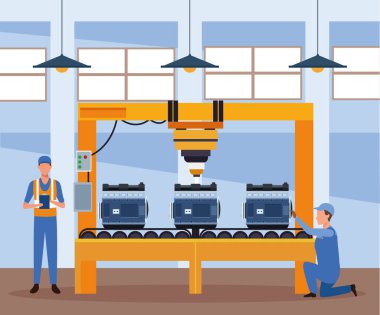 Otomobil tamir atölyesi manzarası. Tamirciler otomobil parçaları üzerinde çalışıyor.