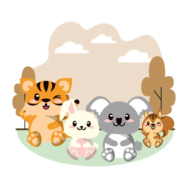 Mignon animaux groupe dans paysage scène — Image vectorielle