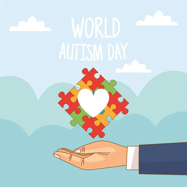Journée mondiale de l'autisme avec levage de main puzzle coeur — Image vectorielle