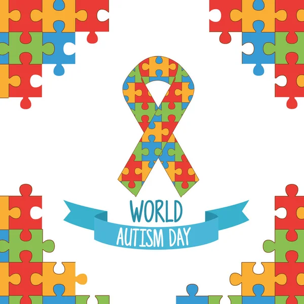 Świat autyzm dzień z kawałków wstążki puzzle — Wektor stockowy
