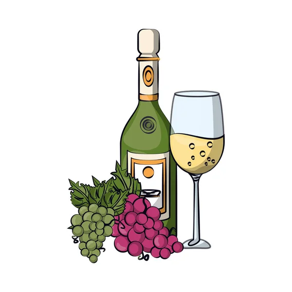 Wine cup and bottle with grapes fruits — 스톡 벡터