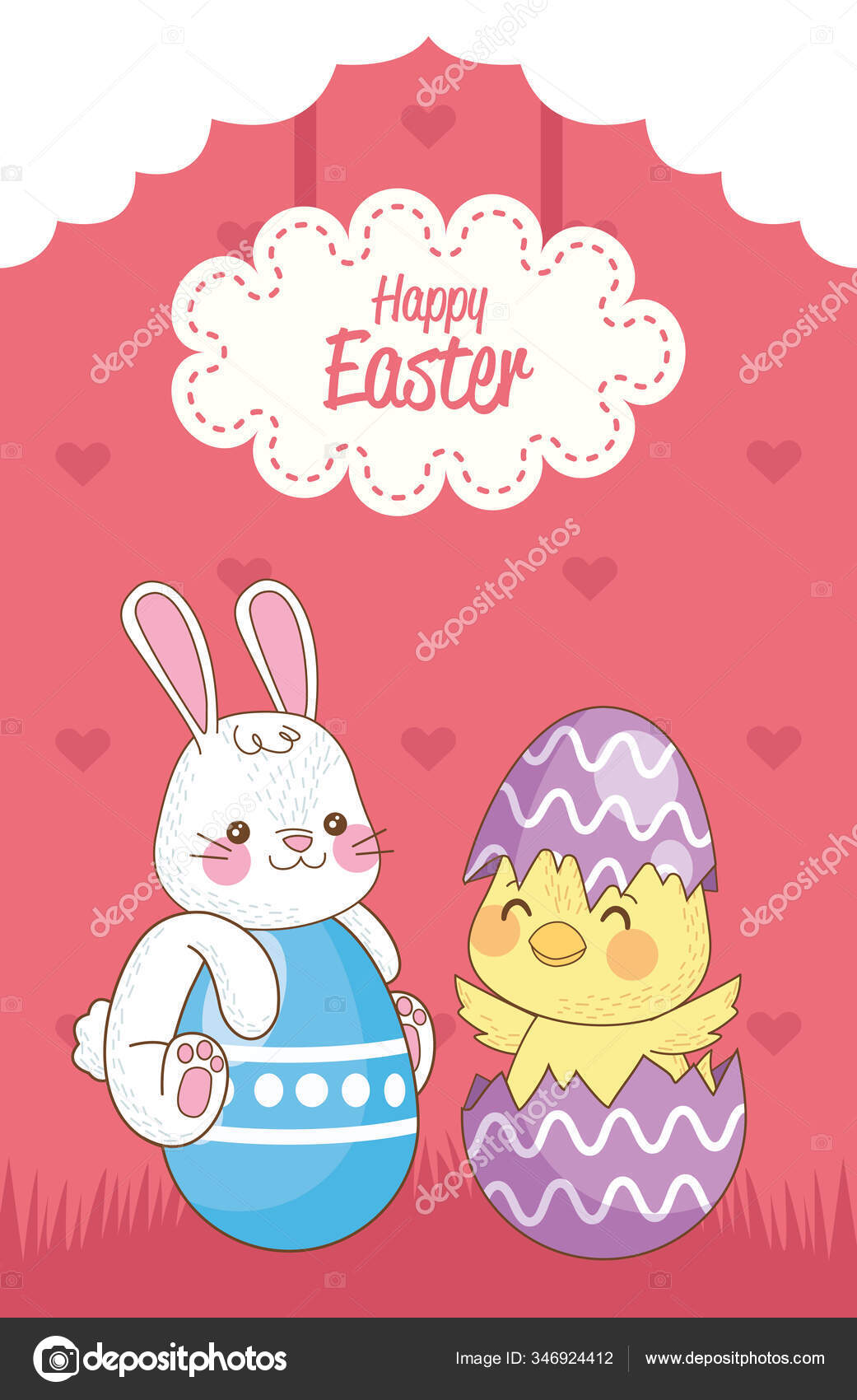 ウサギとひよこと卵が描かれた幸せなイースターカード ストックベクター ©jemastock 346924412, image size:1041x1700