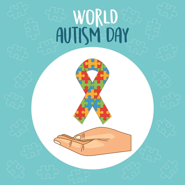 Wereld autisme dag met hand tillen lint puzzel — Stockvector