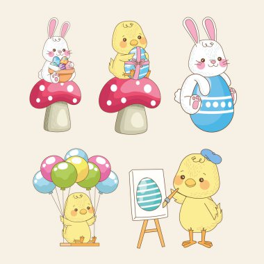 Yavru piliçler ve tavşan grubuyla mutlu paskalya kartları