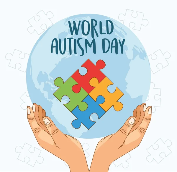 Mundo autismo día con las manos jugando puzzle — Vector de stock