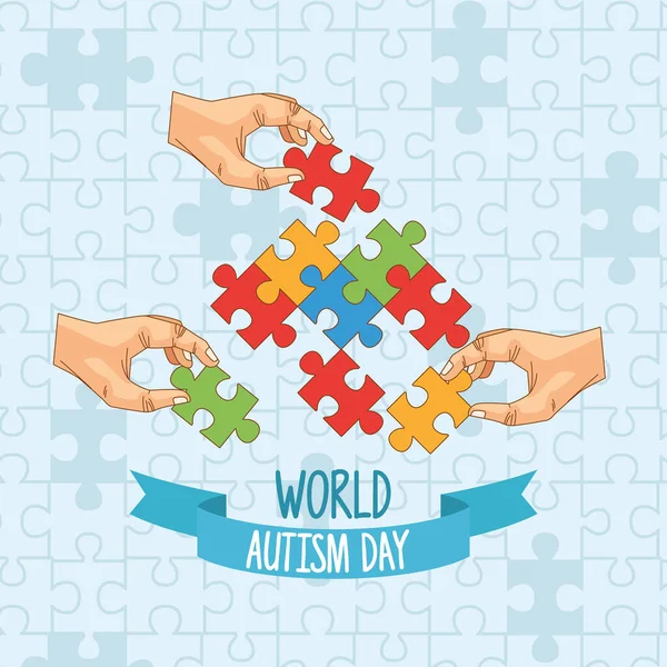 Παγκόσμια ημέρα αυτισμού με τα χέρια να παίζουν παζλ — Διανυσματικό Αρχείο