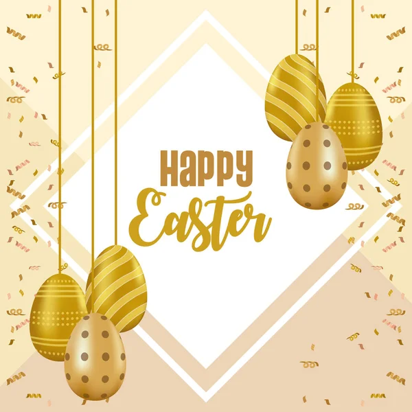Boldog húsvéti kártya betűkkel és arany tojások festett lóg — Stock Vector
