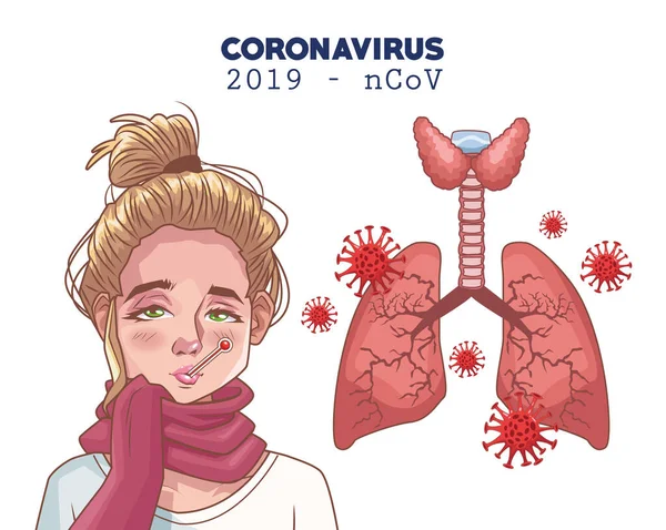 Koronavirová infografika s nemocnou ženou a plícemi — Stockový vektor