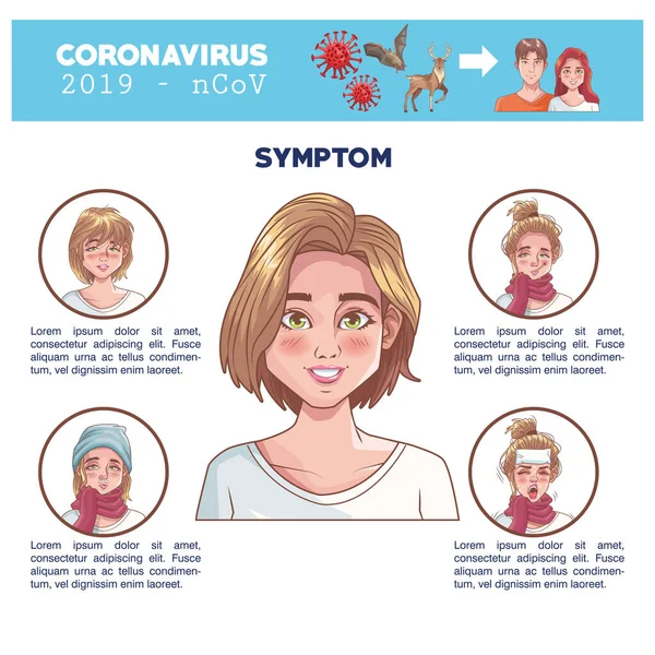 Coronavirus infographic με γυναικεία συμπτώματα χαρακτήρα — Διανυσματικό Αρχείο