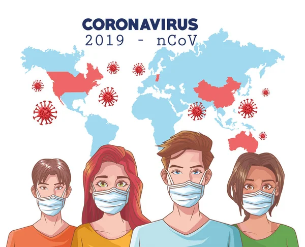 Coronavirus infographic με ανθρώπους που χρησιμοποιούν μάσκα και παγκόσμιο χάρτη — Διανυσματικό Αρχείο