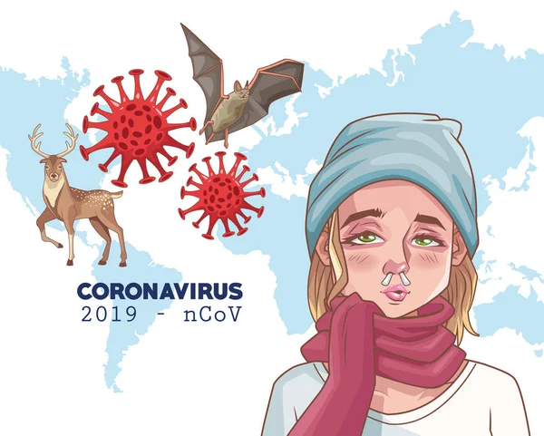 Infografía del coronavirus con mujeres y animales enfermos — Vector de stock