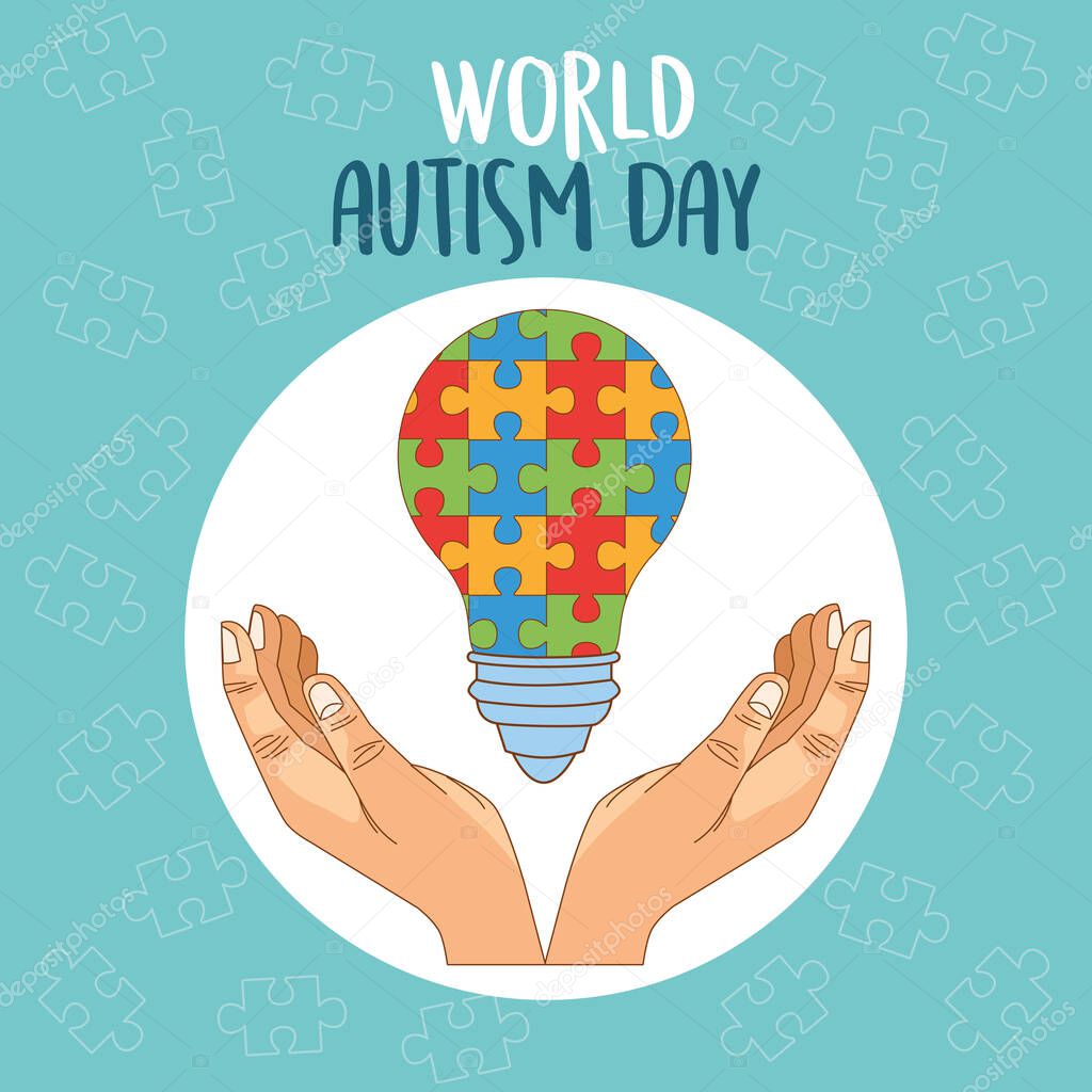 world autism day with hands lifting puzzle bulb