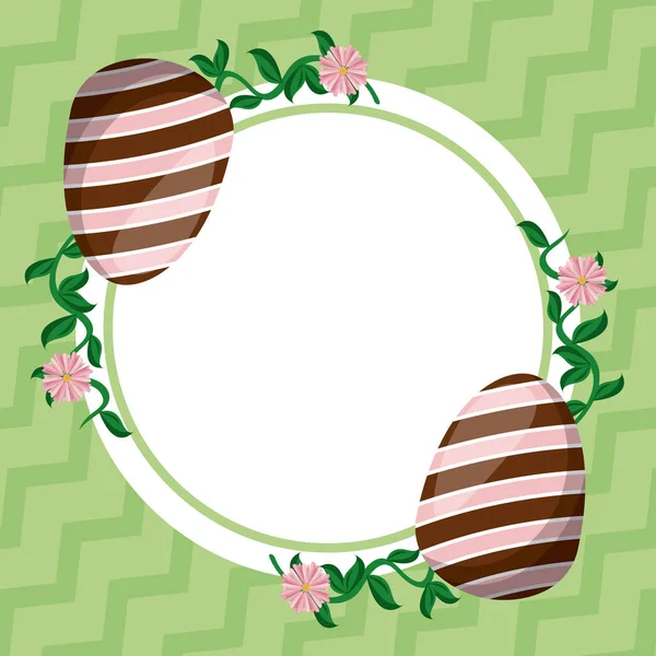 Feliz tarjeta de Pascua con huevos pintados marco circular — Vector de stock