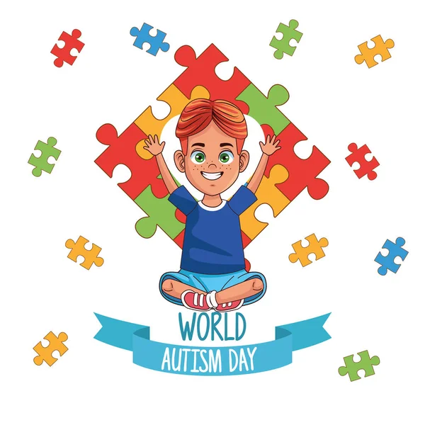 Παγκόσμια ημέρα αυτισμού αγόρι με κομμάτια παζλ — Διανυσματικό Αρχείο