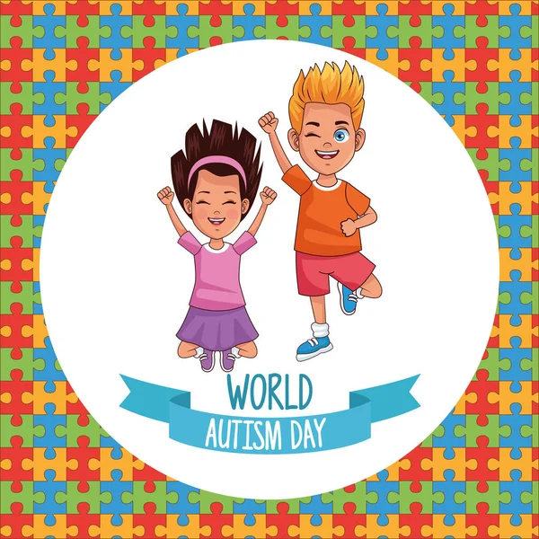 Wereld autisme dag kinderen paar met puzzelstukjes — Stockvector