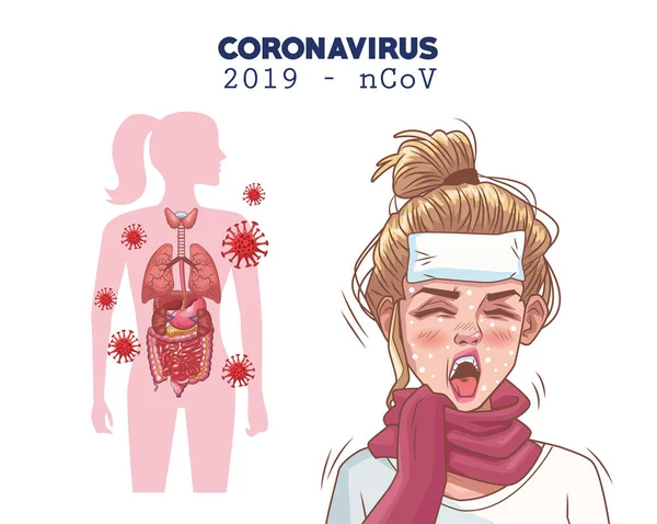 Coronavirus infographic με χαρακτήρα άρρωστης γυναίκας — Διανυσματικό Αρχείο