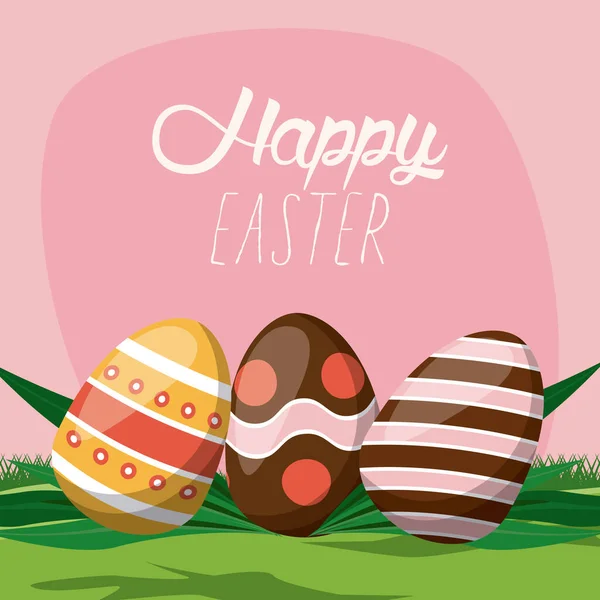 Happy easter card with lettering and eggs painted in the field — Stock Vector