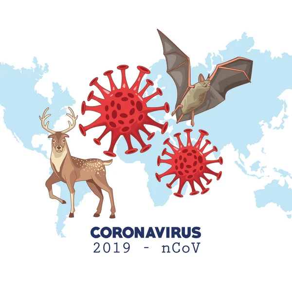 Coronavirus infographic με παγκόσμιο χάρτη και ζώα — Διανυσματικό Αρχείο