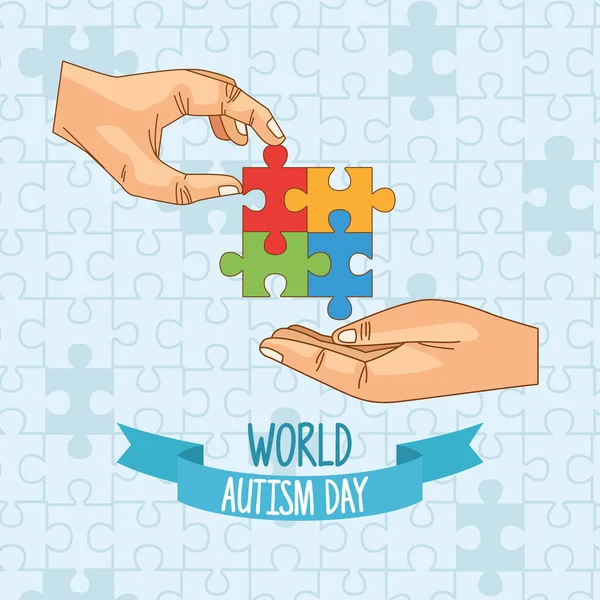 Journée mondiale de l'autisme avec des mains jouant puzzle — Image vectorielle