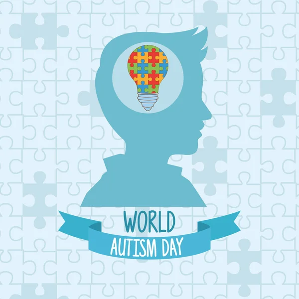 Journée mondiale de l'autisme avec profil et puzzle ampoule — Image vectorielle