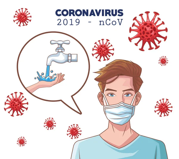 Coronavirus infografía con el hombre usando máscara — Vector de stock