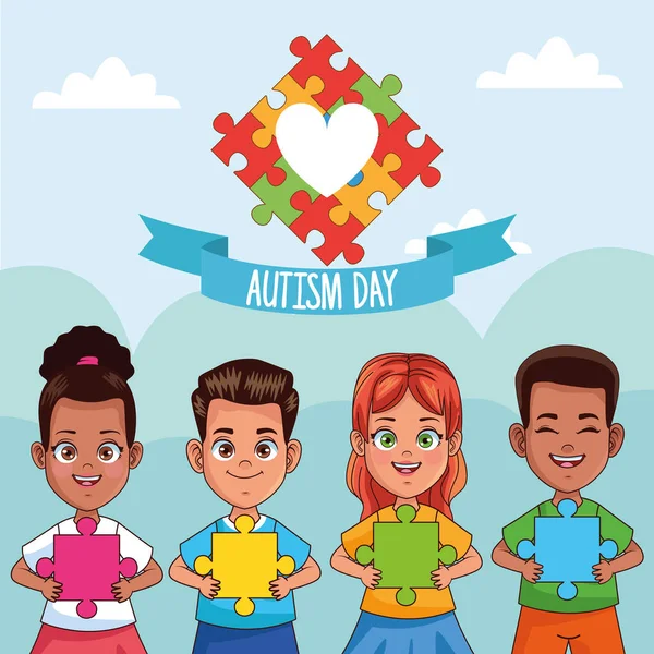 Wereld autisme dag kinderen met hart puzzel — Stockvector