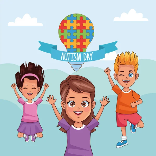 Mundo autismo día niños con bulbo del rompecabezas — Archivo Imágenes Vectoriales