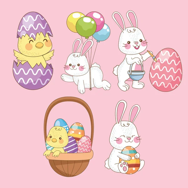 Yavru piliçler ve tavşan grubuyla mutlu paskalya kartları