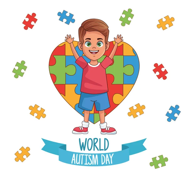 Παγκόσμια ημέρα αυτισμού αγόρι με καρδιά παζλ — Διανυσματικό Αρχείο