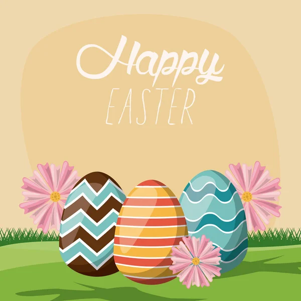 Happy easter card with lettering and eggs painted in the field — Stock Vector