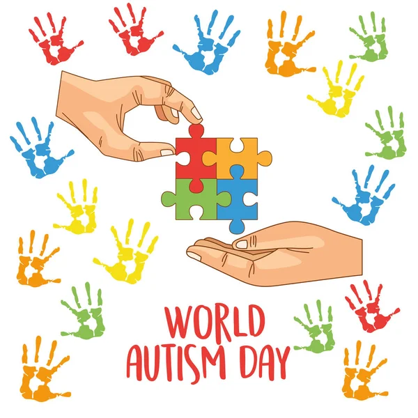 Mundo autismo día con las manos jugando puzzle — Vector de stock