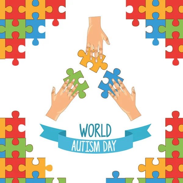 Παγκόσμια ημέρα αυτισμού με τα χέρια να παίζουν παζλ — Διανυσματικό Αρχείο