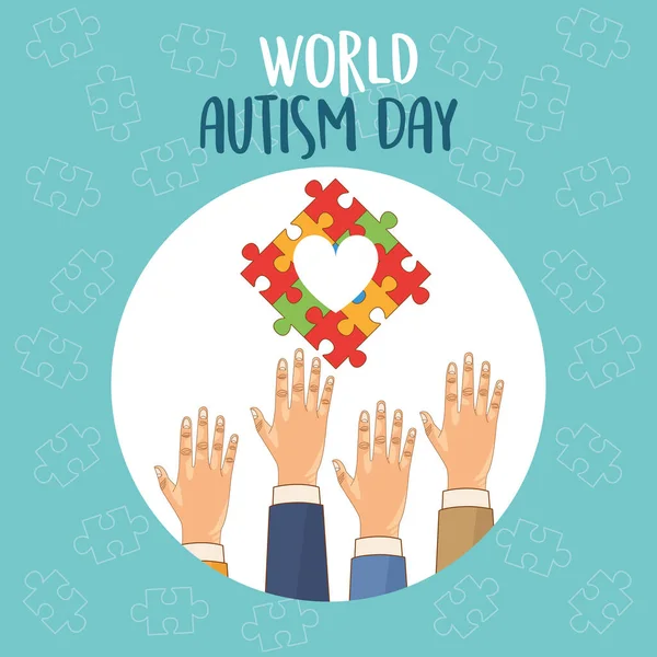 Wereld autisme dag met handen en puzzelhart — Stockvector
