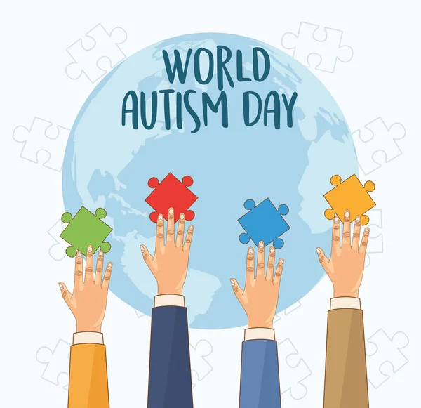 Wereld autisme dag met de handen spelen puzzel — Stockvector