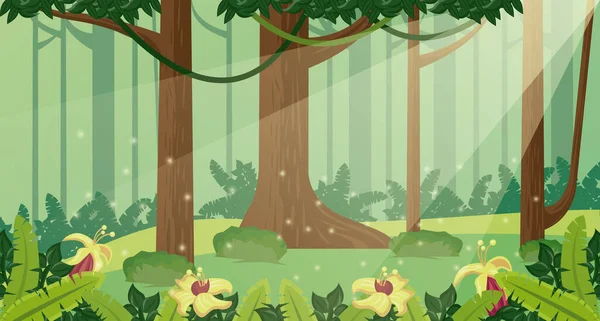 Bosque día paisaje escena con flores — Vector de stock