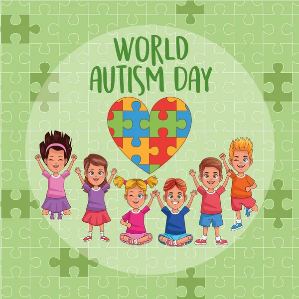 Wereld autisme dag kinderen met hart puzzel — Stockvector